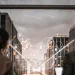 Decentralized finance (DeFi) investment data visualized between city buildings.