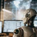 Crypto trading robot analyzing data on multiple screens.