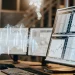 Automated futures trading bot analyzing charts on multiple monitors.